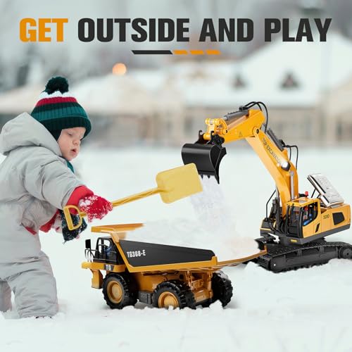 KIDMARKT Remote Control Excavator Toy for Boys, 11-Channel RC Construction Truck with Metal Parts, Lights & Dual Batteries, 120 Minutes Playtime, Rechargeable Digger Toy for Kids Ages 3-12, STEM Gift