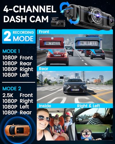 IIWEY N5 4 Channel Dash Cam for Cars, 360° View 2K Front 1080P Rear Inside | Includes 128GB Card, 5G WiFi & APP Control, IR Night Vision, G-Sensor, 24 Hours Parking Mode