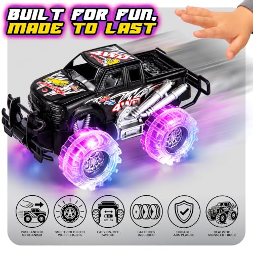 ArtCreativity Light Up Monster Truck Toys for Toddler Boys, Toy Cars Gift | Push and Go Friction Powered Cars, 2-Pack, Toddler Boys Age 2-4, Kids Ages 4-8, Birthday Gift, Batteries Included