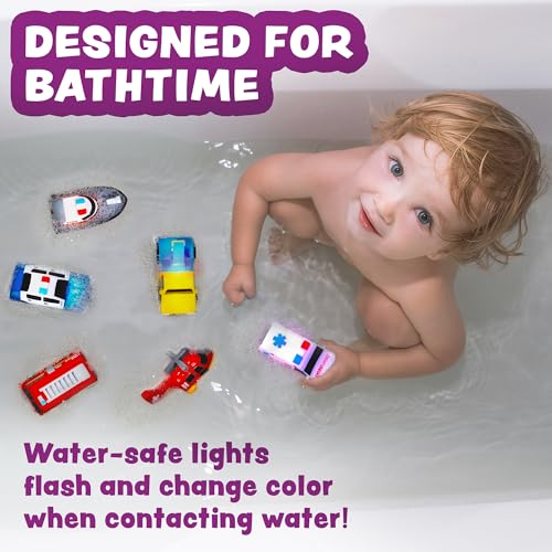 Tub Works® Emergency™ Cars Light Up Bath Toys, 6 Pack | Water-Activated Light Up Toys Flash & Change Colour | Soft, Squeezable Baby & Toddler Bath Toys | Sensory Toys with Bath Lights for Kids Bath