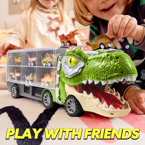 JOYIN 13 in 1 Dinosaur Toys for Kids 3-5, Transport Dinosaur Carrier Truck with 12 Pull Back Cars, Kids Toys 3-4 Birthday Gifts for 3 4 5+ Year Old Boys