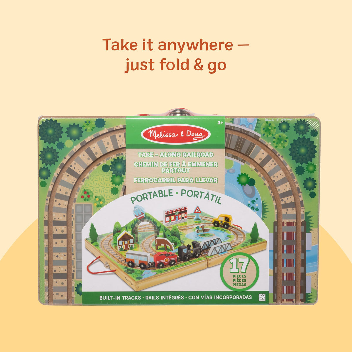 Melissa & Doug Take-Along Railroad Wooden Tabletop Play Set | 17 Pieces, Portable Playset, Railroad Pretend Play, 3 Trains, 1 Truck, Animals, Preschool Learning Toys for Kids, Ages 3+