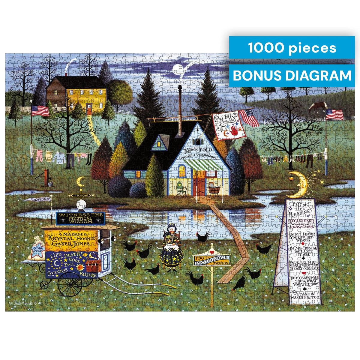 Buffalo Games - Charles Wysocki Know It All - 1000 Piece Puzzle for Adults | Story-Rich Folk Art Village Scene, Precision-Cut Snap Fit, Poster Included, 1000 Piece Puzzle for Adults, Jigsaw Puzzles