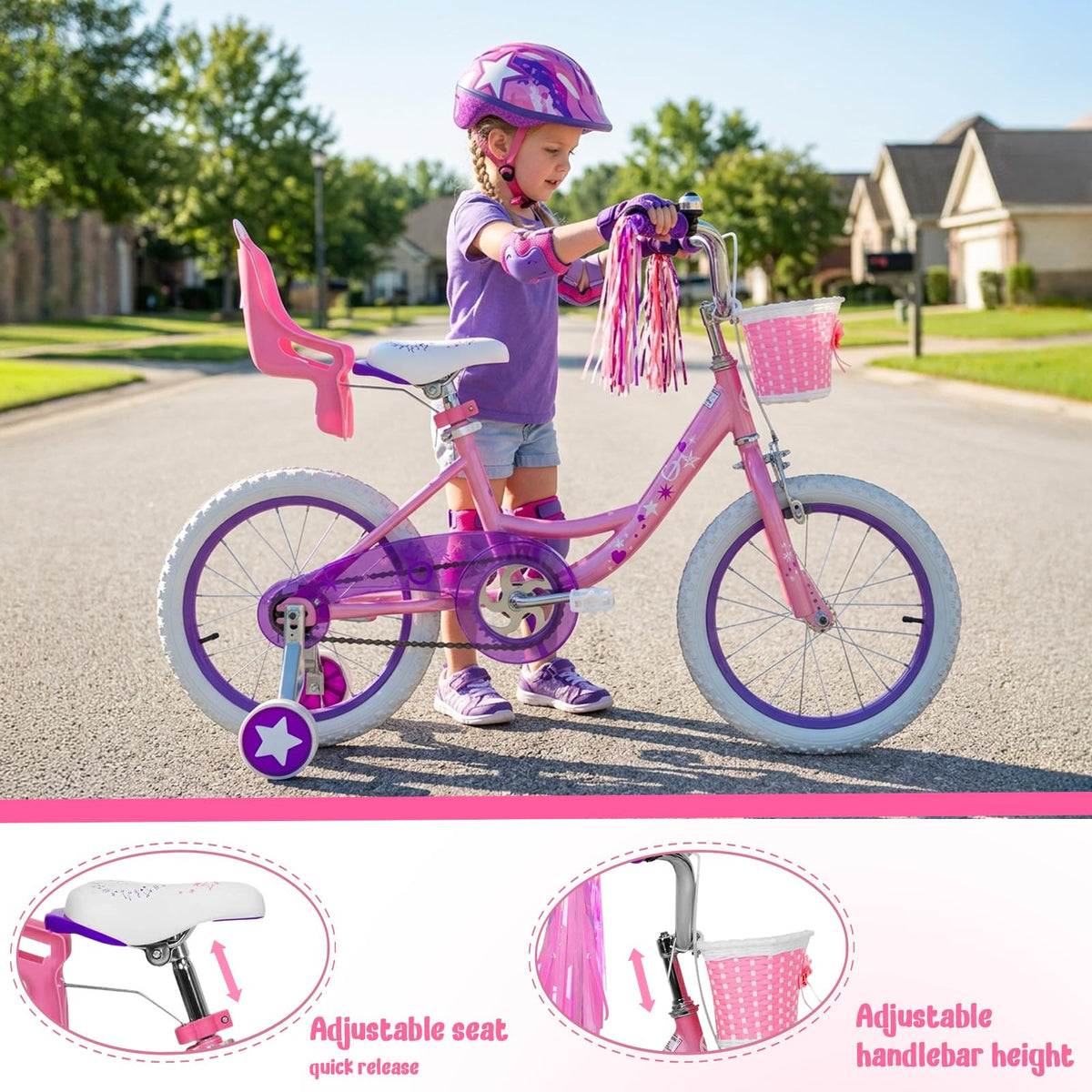 Yventix 14 16 Inch Kids Bike Girls Toddle Bicycle Ages 3-7 Training Wheels | High Carbon Steel Frame, Training Wheels, Basket, Doll Seat, Hand & Coaster Brakes, Chain Guard, Adjustable Seat & Handlebar