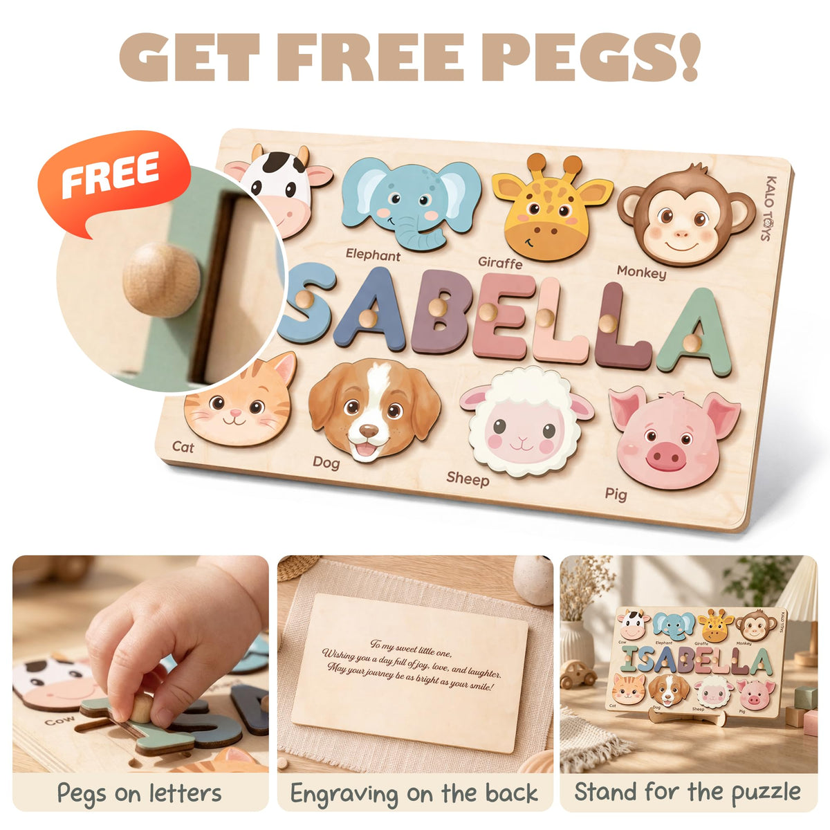 Personalized Name Puzzle for Toddlers 1-3 | Custom Wooden Baby Girl Gift with 48 Animal Art Sets | 1st Birthday Gift for Girls | Personalized Baby Boy & Girl Gifts Keepsake