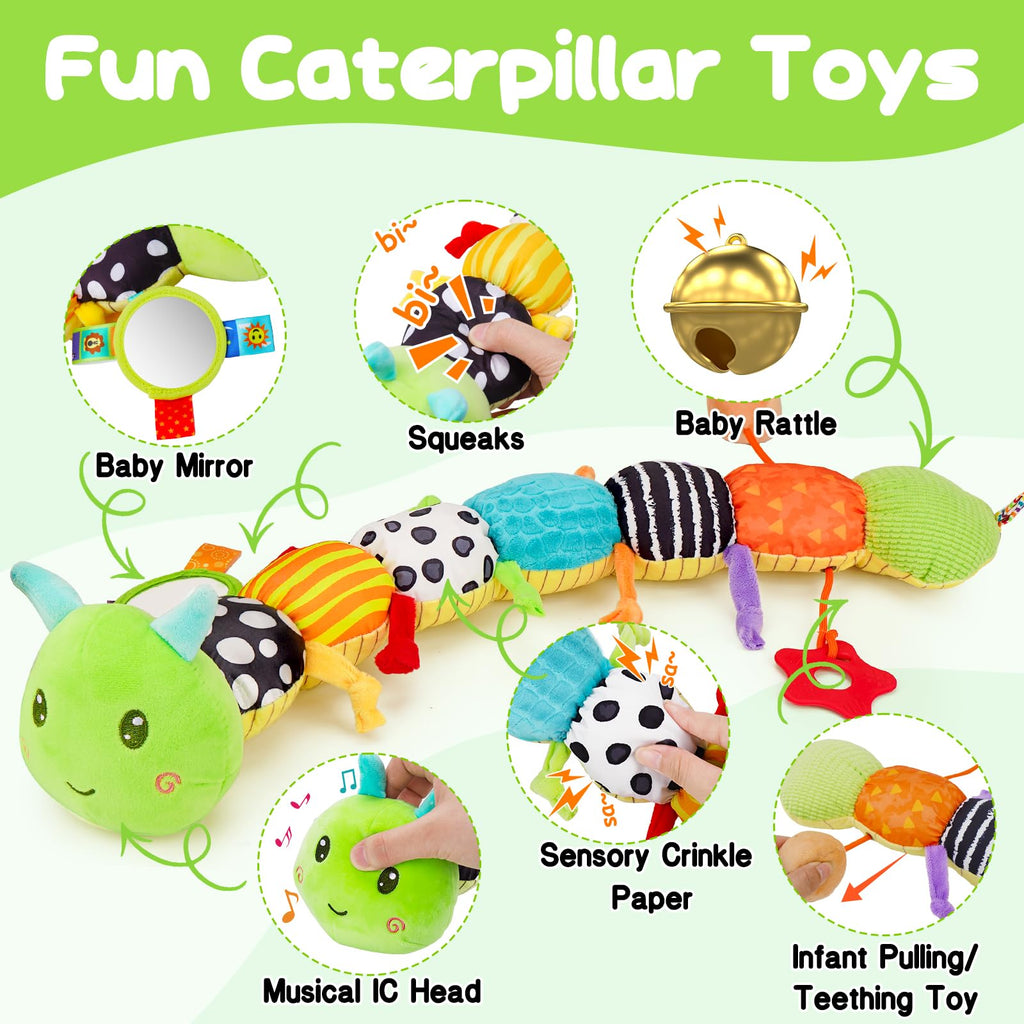 Baby Toys 0-6 Months Musical Stuffed Caterpillar Newborn Tummy Time Toys | Sensory Toys with Mirror Crinkle Rattle for Infants 0-3 3-6 2 3 4 5 6-12 Months Old Babies Boy Girl Shower Gifts Essentials