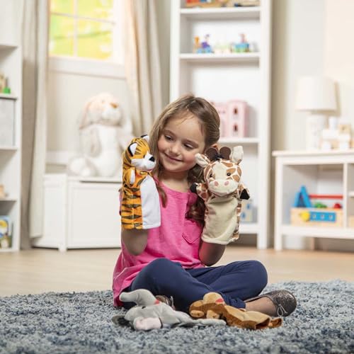 Melissa & Doug Zoo Friends Soft Plush Hand Puppets 4-Piece Glove Set | 4 Plush Hand Puppets, Elephant, Giraffe, Tiger, Monkey, Washable Puppet Gloves, Pretend Play, Toddler Toys for Kids, Ages 2+