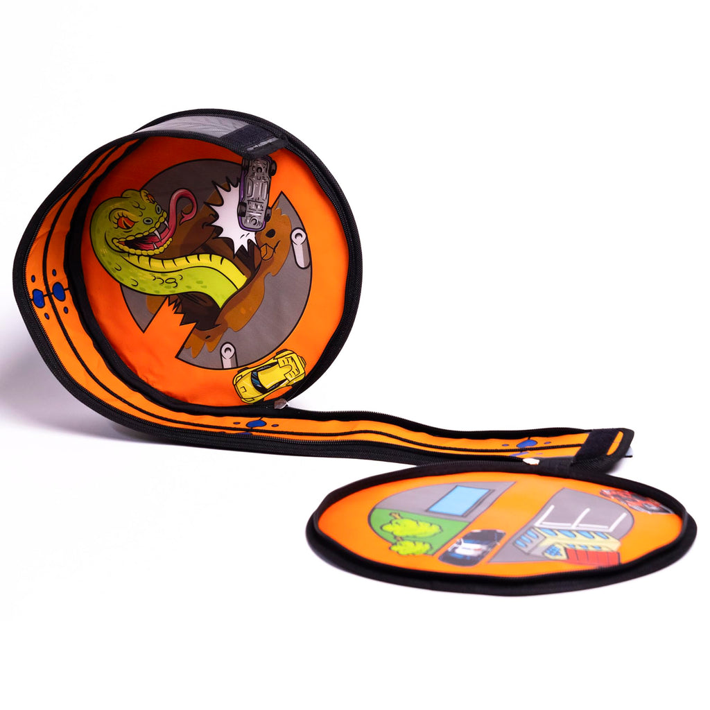 Hot Wheels ZipBin Wheelie Track Pack - Portable Toy Car Storage, Ages 3+ | Unzips Into 35.5in Racetrack Play Mat, Holds 100 Cars, Circle Tire Design with Carrying Handles for Travel, Ages 3+