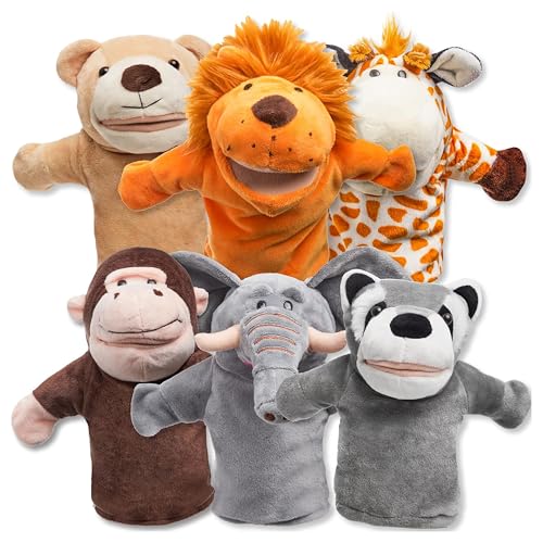 JOYIN 6Pcs Kids Hand Puppet Set with Working Mouth, Plush Toy Includes Elephant, Giraffe, Lion, Bear, Raccoon and Monkey for Show Theater, Stuffed Animals, Kids Toys for Girls & Boys