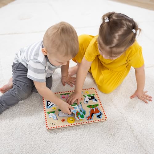 Melissa & Doug Farm Animals Wooden Sound Peg Puzzle 8-Piece Set | 8 Peg Pieces, Wooden Board, Light-Activated Sounds, Builds Matching & Motor Skills, Montessori Inspired Toddler Toys, Ages 2+