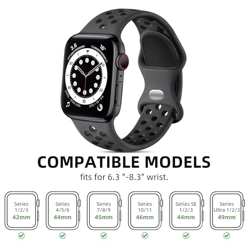 Lerobo Sport Band for Apple Watch Bands 44mm 45mm 46mm 42mm 49mm Men Women | Soft Silicone Breathable Waterproof Strap for iWatch Series 12 11 10 9 8 7 6 5 Ultra 4 SE 3 2 1, Gym Workout Wrist Band Black