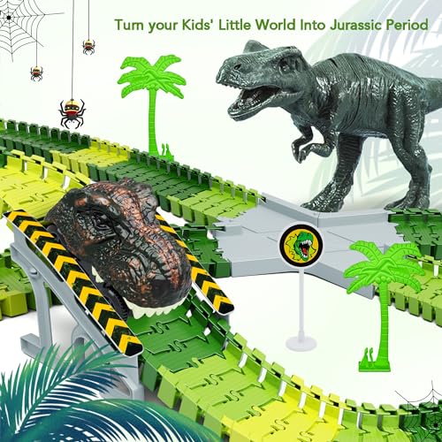 Dinosaur Toys, Create A Dinosaur World Road Race, Dinosaur Track Toys | Flexible Track Playset, 2 pcs Cool Dinosaur Car, Dinosaur Race Car Track for 3 4 5 6 Year & Up Old Boy Girls Best Gift