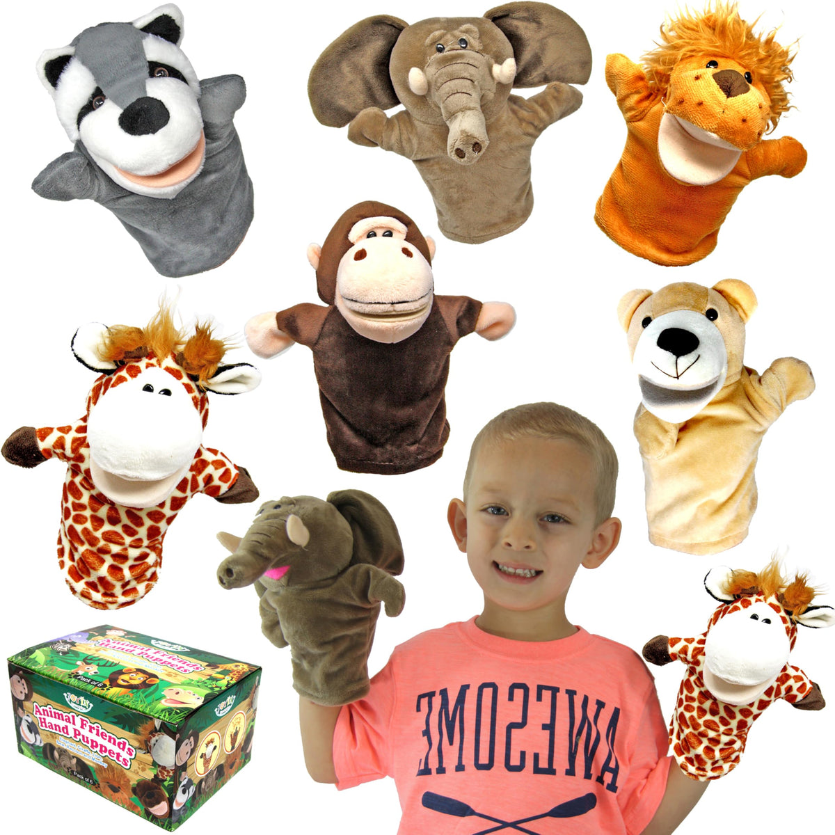 JOYIN 6Pcs Kids Hand Puppet Set with Working Mouth, Plush Toy Includes Elephant, Giraffe, Lion, Bear, Raccoon and Monkey for Show Theater, Stuffed Animals, Kids Toys for Girls & Boys