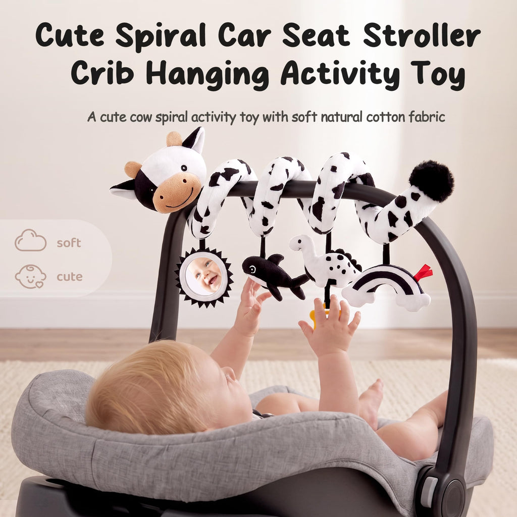 Spiral Car Seat Baby Toys 0-6 Months, Infant Carseat High Contrast Sensory Toys Hanging Stroller Accessories, Newborn Shower Gifts for Baby Boys Essentials Stuff, Cute Black and White Cow