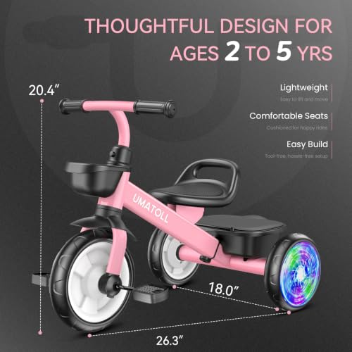 Umatoll Tricycle for 2-5 Year Old, Birthday Gift for Girl Age 2-4 | Adjustable Kids Bike Outdoor Toys, Trike with Light up Wheels