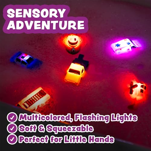Tub Works® Emergency™ Cars Light Up Bath Toys, 6 Pack | Water-Activated Light Up Toys Flash & Change Colour | Soft, Squeezable Baby & Toddler Bath Toys | Sensory Toys with Bath Lights for Kids Bath