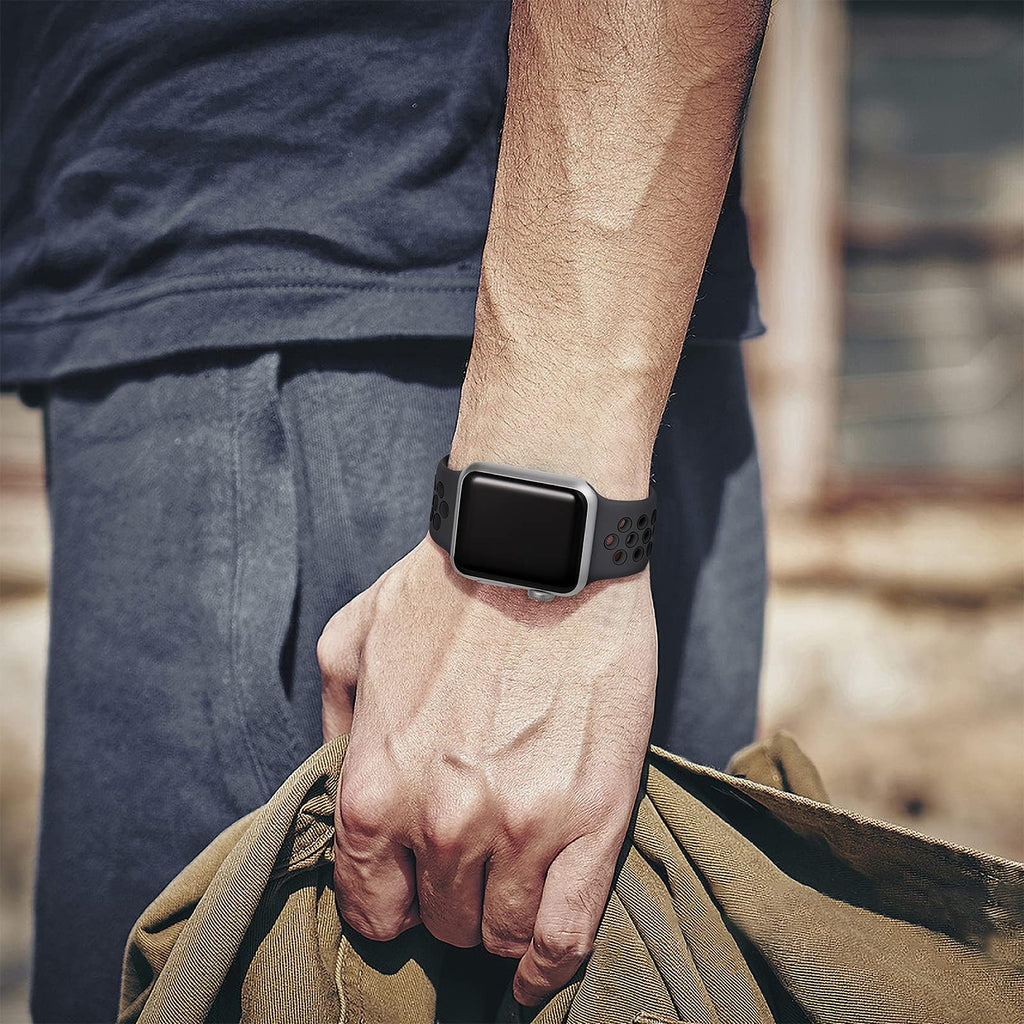 Lerobo Sport Band for Apple Watch Bands 44mm 45mm 46mm 42mm 49mm Men Women | Soft Silicone Breathable Waterproof Strap for iWatch Series 12 11 10 9 8 7 6 5 Ultra 4 SE 3 2 1, Gym Workout Wrist Band Black