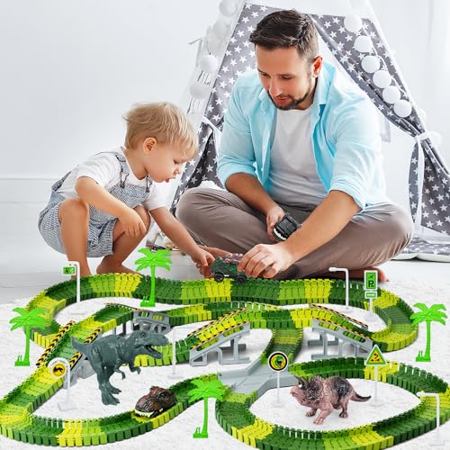 Dinosaur Toys, Create A Dinosaur World Road Race, Dinosaur Track Toys | Flexible Track Playset, 2 pcs Cool Dinosaur Car, Dinosaur Race Car Track for 3 4 5 6 Year & Up Old Boy Girls Best Gift