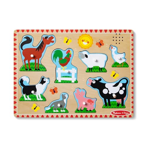 Melissa & Doug Farm Animals Wooden Sound Peg Puzzle 8-Piece Set | 8 Peg Pieces, Wooden Board, Light-Activated Sounds, Builds Matching & Motor Skills, Montessori Inspired Toddler Toys, Ages 2+