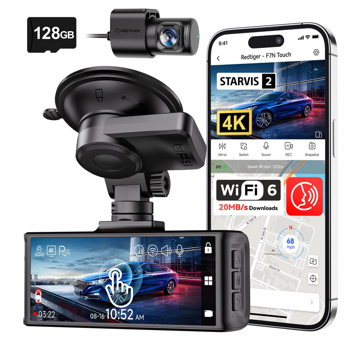 REDTIGER 4K STARVIS 2 Dashcam Front Rear, 5GHz WiFi 20MB/s, Free 128GB Card | Voice Control, Touch Screen, GPS, Loop Recording, Parking Mode, Audio Recording, WDR Night Vision, Supercapacitor(F7N Touch)