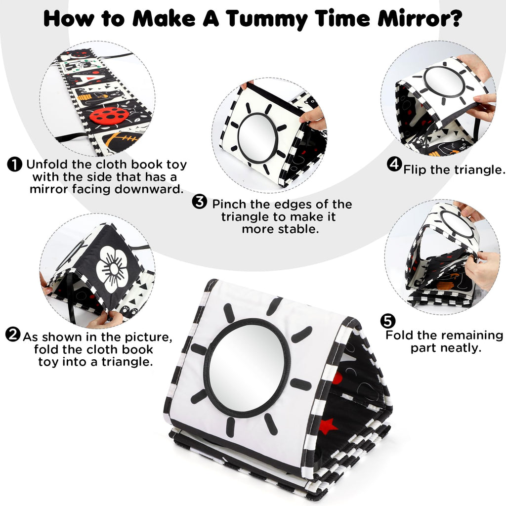 URMYWO Black and White Baby Toy, Tummy Time High Contrast Newborn Toys | Visual Stimulation Soft Baby Book, Brain Development Montessori Sensory Infant Mirror Toy 0-6-12 Months, Boy Girl Shower Gift