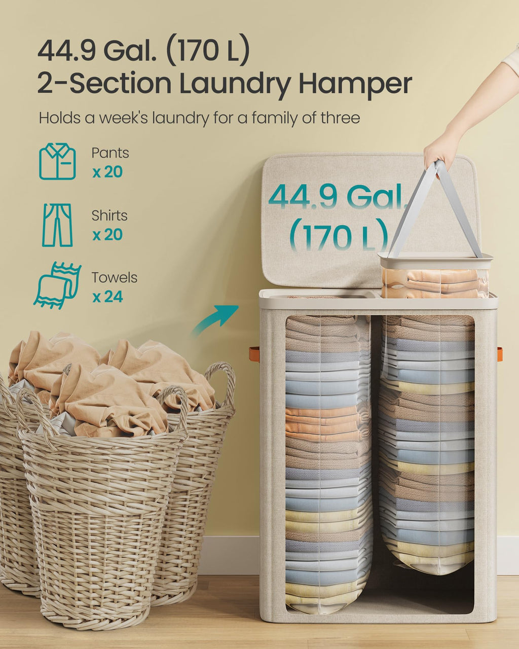 SONGMICS Laundry Basket, 170L Laundry Hamper with Lid, 2 Removable Bags | Easy Assembly Laundry Sorters, with Handles, 22.1 x 15.8 x 29.5 Inches, Cappuccino, BROSI Collection ULCB813L01