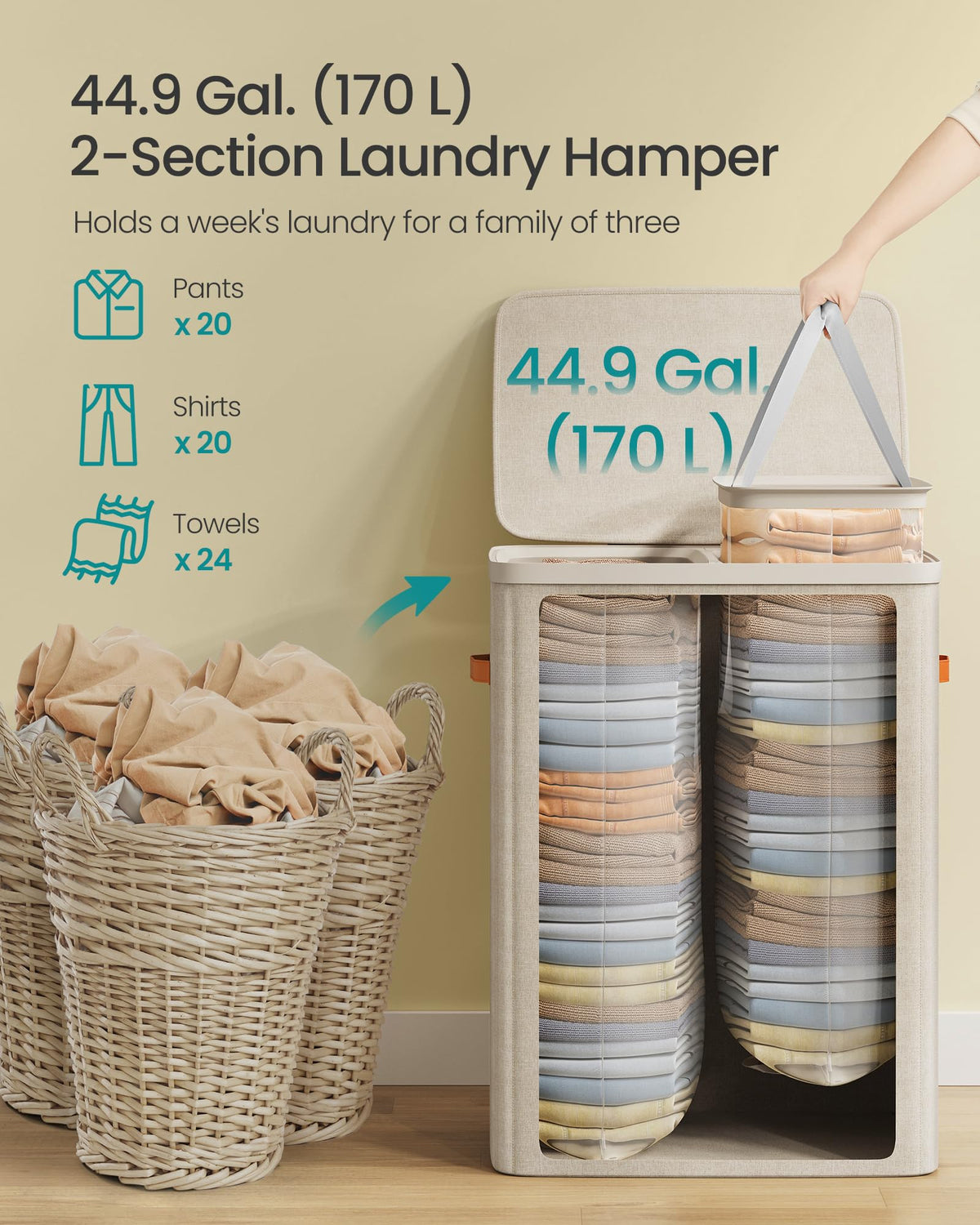 SONGMICS Laundry Basket, 170L Laundry Hamper with Lid, 2 Removable Bags | Easy Assembly Laundry Sorters, with Handles, 22.1 x 15.8 x 29.5 Inches, Cappuccino, BROSI Collection ULCB813L01