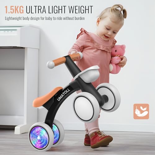 Umatoll Baby Balance Bike Toy for 1 Year Old Boy Girl, First Birthday Gift | 12-24 Months Toddler First Ride on Toys, Colorful Lighting Rear Wheels, Adjustable Seat Baby Walker, Basket