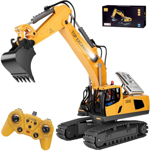 KIDMARKT Remote Control Excavator Toy for Boys, 11-Channel RC Construction Truck with Metal Parts, Lights & Dual Batteries, 120 Minutes Playtime, Rechargeable Digger Toy for Kids Ages 3-12, STEM Gift