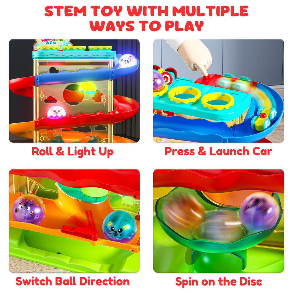2-in-1 Ball Drop & Car Ramp Race Track Montessori Toy for Toddlers Ages 1-5 | Hammer Rolling Ball, Launch and Race Car-Cause and Effect Sensory STEM Learning Toys for 1-5 Year Old Boys & Girls