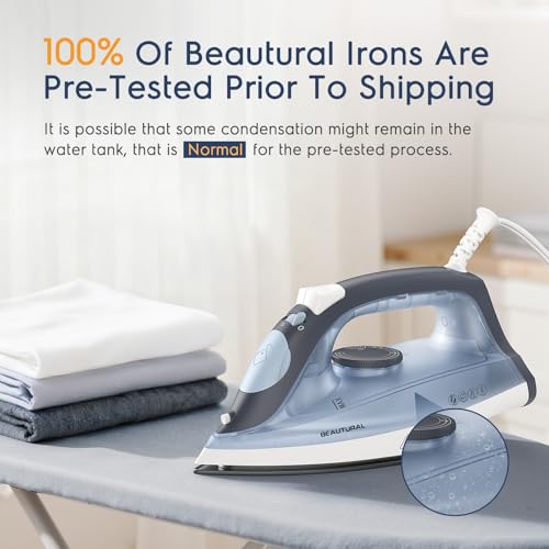 BEAUTURAL Compact Steam Iron for Clothes with Non-Stick Soleplate, Blue | Burst of Steam, Spray Mist, Self-Cleaning, Anti-Calcium, Anti-Drip, Easy Temperature Control, Light Weight, 1200 Watts