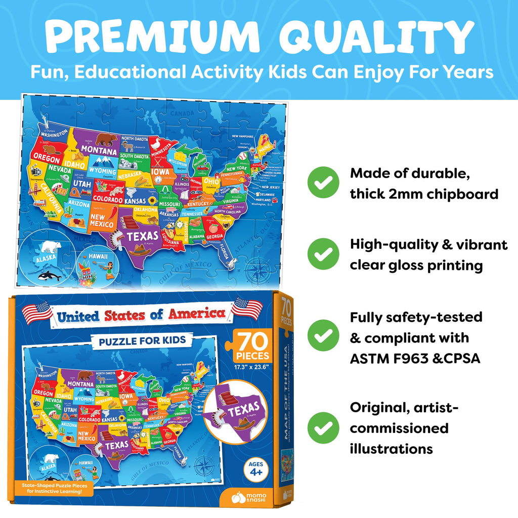 United States Puzzles for Kids Ages 6-8 & 4-6 - 70pc USA Map Kids Puzzles | 50 US States Floor Puzzles Boys Toys Age 4-6 - Educational US Geography Learning Toys Activity - Boys Gifts & Gifts for Girls