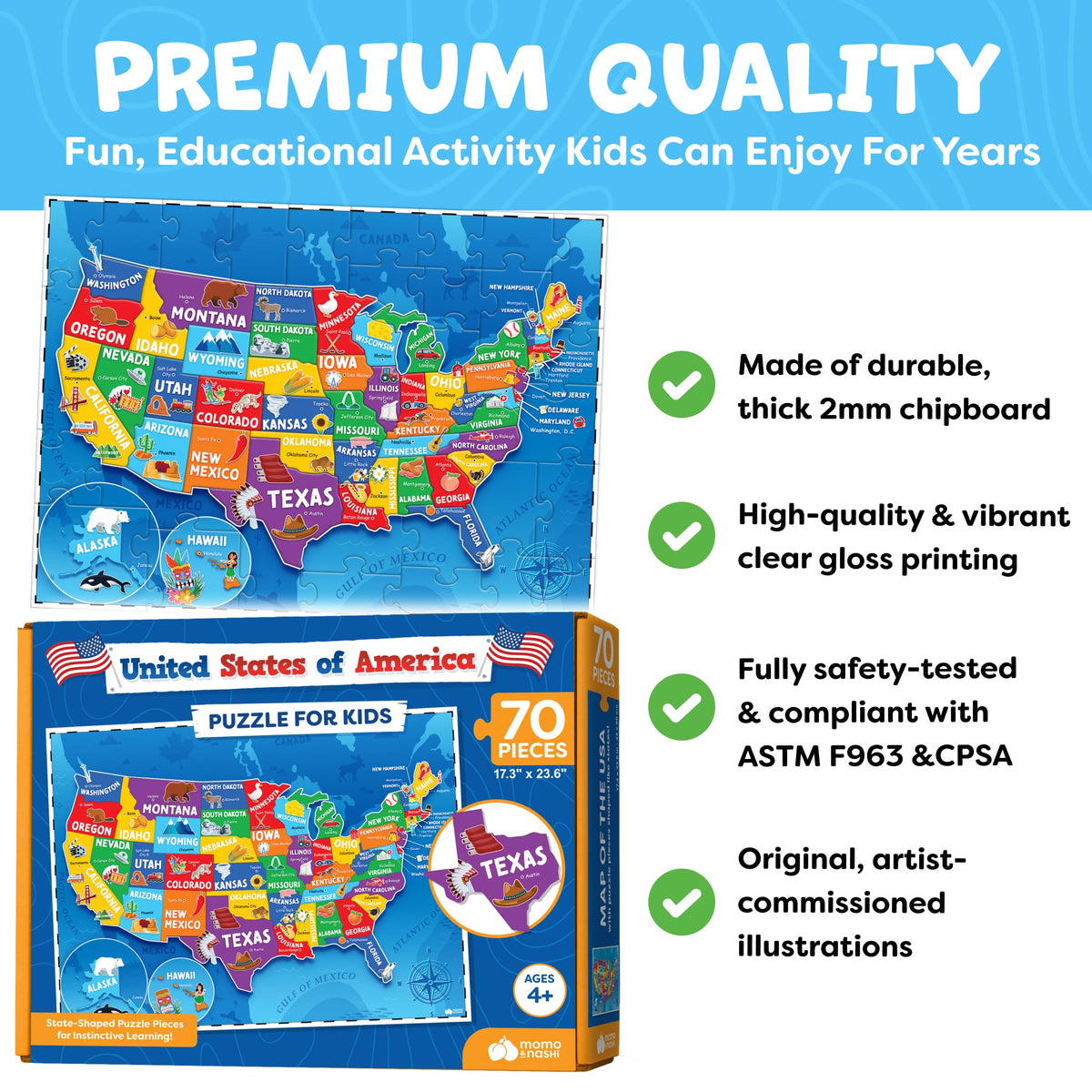 United States Puzzles for Kids Ages 6-8 & 4-6 - 70pc USA Map Kids Puzzles | 50 US States Floor Puzzles Boys Toys Age 4-6 - Educational US Geography Learning Toys Activity - Boys Gifts & Gifts for Girls