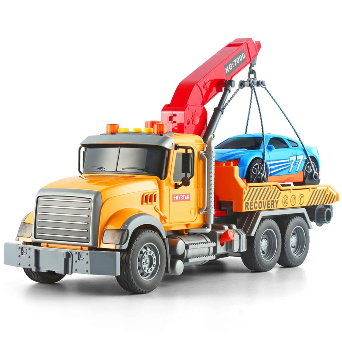 Dwi Dowellin Kids Toys for 3 4 5 6 7 Years Old Boys, 15" Large Tow Truck Toy,Friction Powered Transport Truck Crane Toy with Lights and Sounds,with Roadster,Boys Gifts