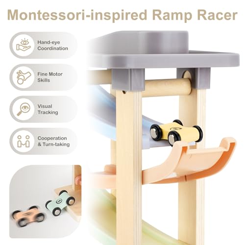 Joyreal Montessori Toddler Toys for 1 2 3 Year Old Wooden Car Ramp Toys | 7 Level Ramp Racer, 8 Mini Cars & 2 Garages, Toy Vehicle Set for Boys and Girls, Christmas Birthday Gifts for 1-2 Year Old