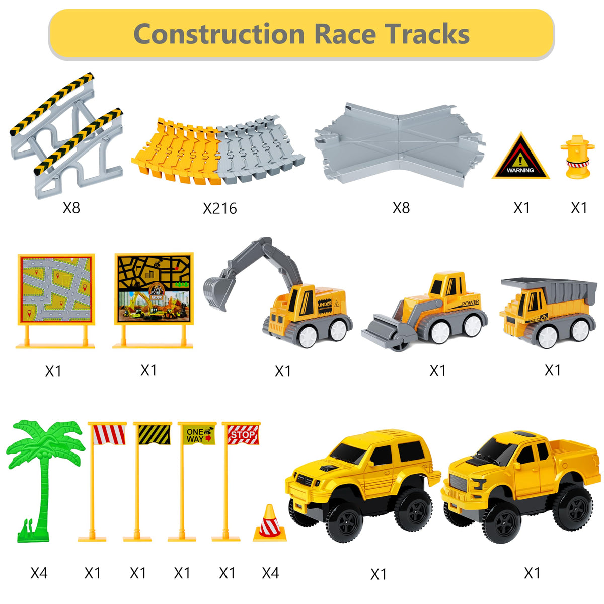 Kids Toys 253 PCS Construction Race Tracks, Create A Engineering Road Game | 5 PCS Construction Truck Cars, DIY Flexible Track Play Set, Birthday Xmas Gifts Toy for 3 4 5 6 7 8 Year Old Boys Girls