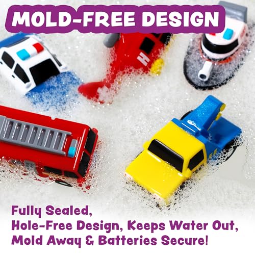 Tub Works® Emergency™ Cars Light Up Bath Toys, 6 Pack | Water-Activated Light Up Toys Flash & Change Colour | Soft, Squeezable Baby & Toddler Bath Toys | Sensory Toys with Bath Lights for Kids Bath