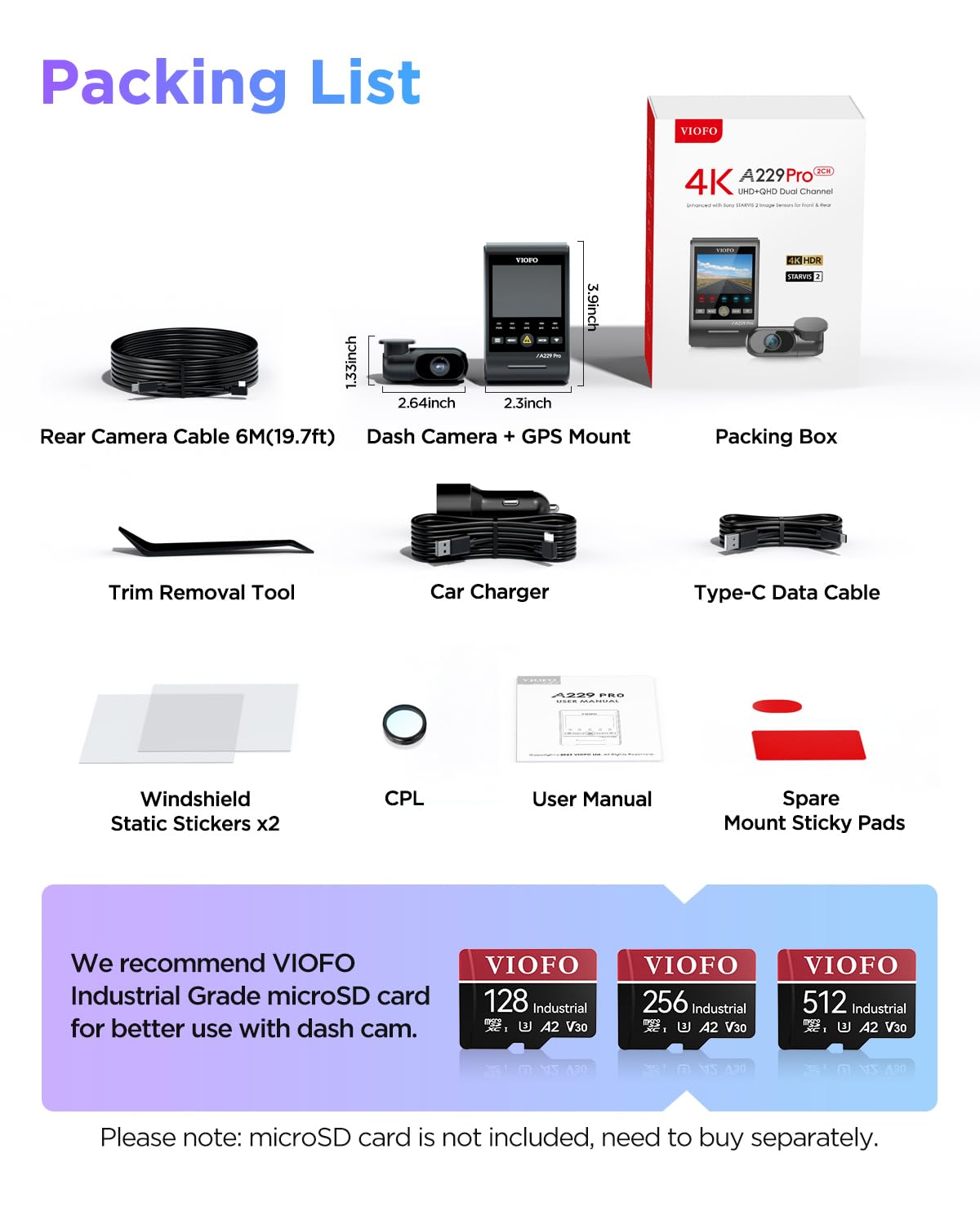 VIOFO A229 Pro 4K HDR Dash Cam Front and Rear, Dual STARVIS 2 Sensors | 4K Front and 2K Rear, IMX678 & IMX675 sensors, 5GHz Wi-Fi, GPS, Voice Control, Buffered 24H Parking Mode, Night Vision 2.0