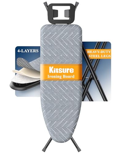 Kitsure Folding Ironing Board - Height Adjustable Iron Board in Full Size, Wobble-Free & Heavy-Duty Ironing Board with Cover and Pad for Heat Resistance, Grey, 43" L x 13" W x 35.8" H