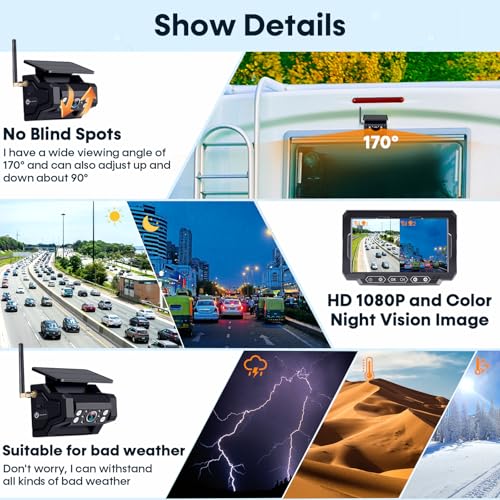 1080P HD Wireless Backup Camera - 1 Minute Magnetic Easy Install No Wiring | 7" Anti-Glare Monitor, Clear Night Vision, Solar 24H Long Life, Scratch-Proof Rear View Camera for Truck, Trailer, Small RV