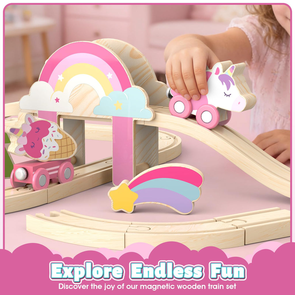 Lehoo Castle Wooden Train Set for Girls, Pink Unicorn Train Set | Princess and Castle Pieces for Imaginative Play, Compatible with Most Wooden Train Tracks, Birthday Gift for Girls