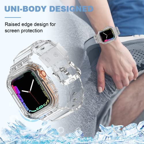 XYF Compatible for Crystal Clear Apple Watch Bands 45/44mm CrystalClear | Jelly Sport Strap&Bumper Case Cover for Men Women,Compatible for iWatch Series 9 8 7 6 5 4 SE 3 2 1,45mm/44mm Crystal Clear