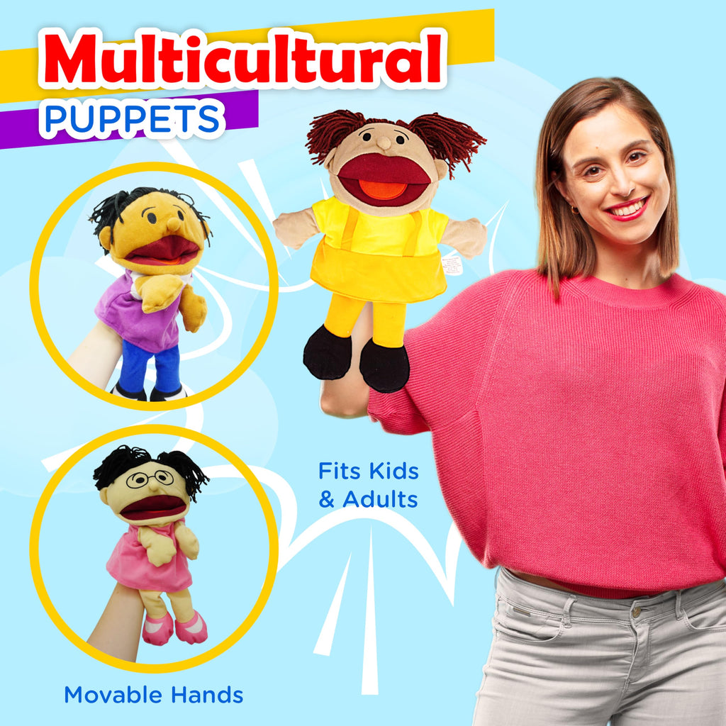 4E's Novelty Multicultural Hand Puppets for Kids - 8 Pack with Movable Mouth, Bulk Soft Plush Puppets for Kids Ages 4-8, for School Home Theater Shows, Teachers Classroom Supplies