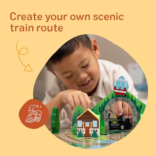 Melissa & Doug Take-Along Railroad Wooden Tabletop Play Set | 17 Pieces, Portable Playset, Railroad Pretend Play, 3 Trains, 1 Truck, Animals, Preschool Learning Toys for Kids, Ages 3+