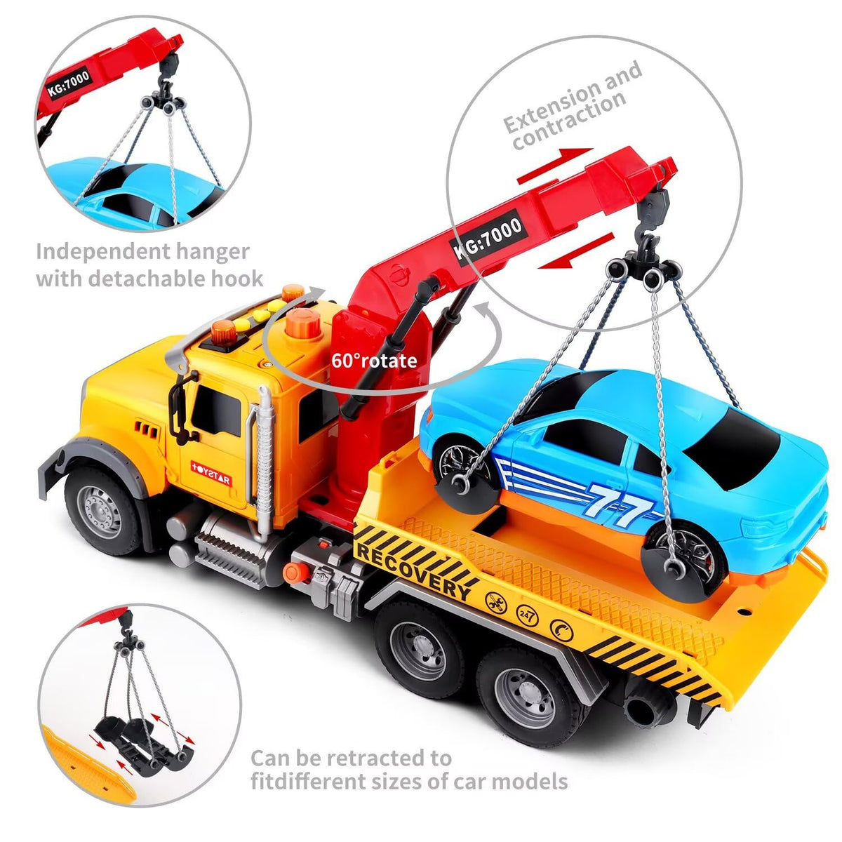 Dwi Dowellin Kids Toys for 3 4 5 6 7 Years Old Boys, 15" Large Tow Truck Toy,Friction Powered Transport Truck Crane Toy with Lights and Sounds,with Roadster,Boys Gifts