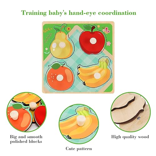 Wooden Peg Puzzles for Toddlers 1-3, Kids' Educational Preschool Peg Puzzle Toy, Set of 4 Toddler Puzzles - Farm, Dinosaur, Fruit and Marine Animals, Ideal Gift for Ages 1 2 3 Boys and Girls