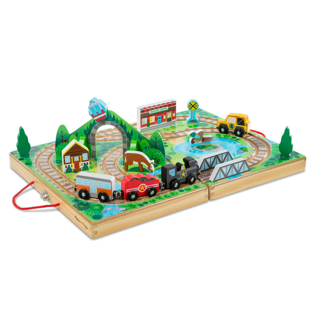 Melissa & Doug Take-Along Railroad Wooden Tabletop Play Set | 17 Pieces, Portable Playset, Railroad Pretend Play, 3 Trains, 1 Truck, Animals, Preschool Learning Toys for Kids, Ages 3+