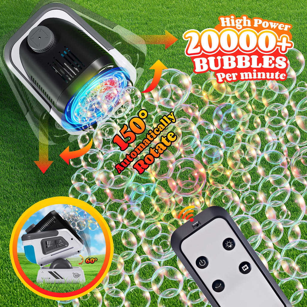 Upgraded Bubble Machine Outdoor Toys for Kids & Wedding Party | Auto Rotation,Type-C Rechargeable,Remote Control,RGB Lights