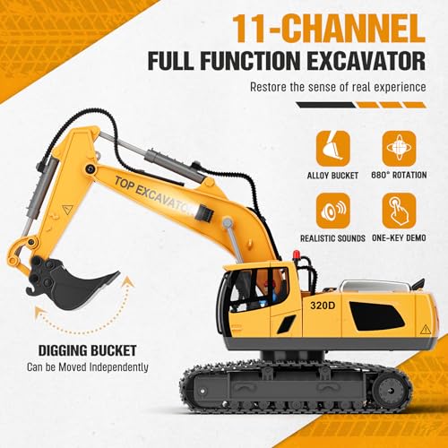 KIDMARKT Remote Control Excavator Toy for Boys, 11-Channel RC Construction Truck with Metal Parts, Lights & Dual Batteries, 120 Minutes Playtime, Rechargeable Digger Toy for Kids Ages 3-12, STEM Gift