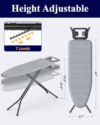 Kitsure Folding Ironing Board - Height Adjustable Iron Board in Full Size, Wobble-Free & Heavy-Duty Ironing Board with Cover and Pad for Heat Resistance, Grey, 43" L x 13" W x 35.8" H